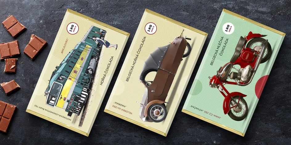 Kilová belgická čokoláda s retro motivy: Velorex i JAWA