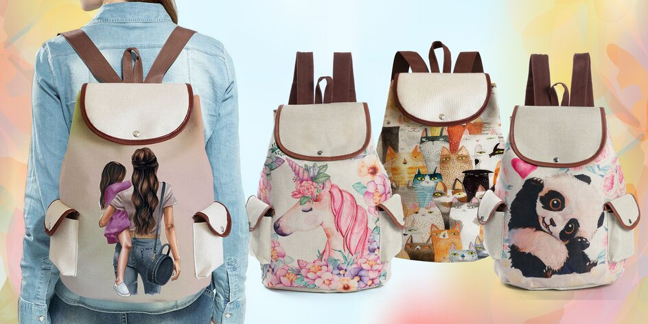 Plátěný batoh s potiskem: jednorožec, motýl i kočičky