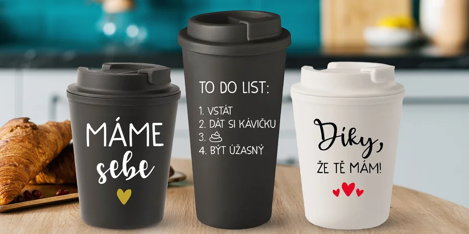 Stylové termohrnky s textem: černá a bílá, 300-475 ml