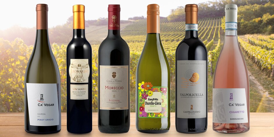 Lahvinky italských vín: bílá, červená, růžová i šumivá
