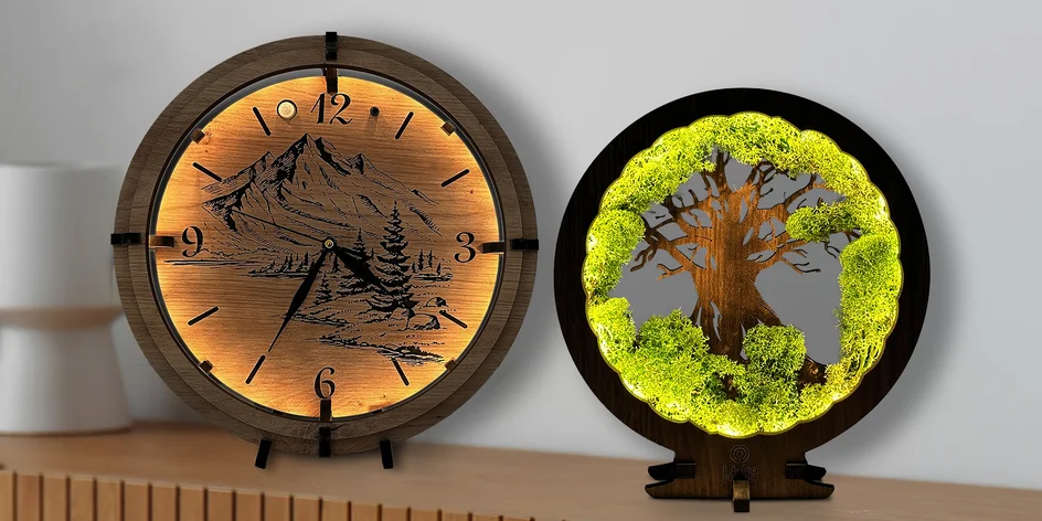 Dizajnové svetelné hodiny a lampy s prírodnými motívmi