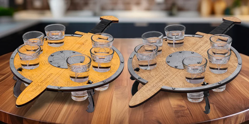 Dřevěný podnos "štamprlovník" s šesti panáky