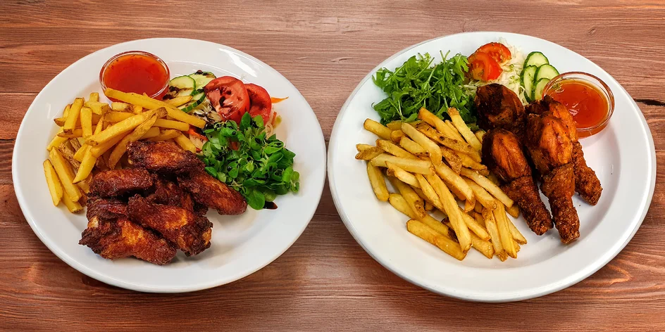 Kuřecí paličky nebo křídla s hranolky pro 1 či 2 osoby