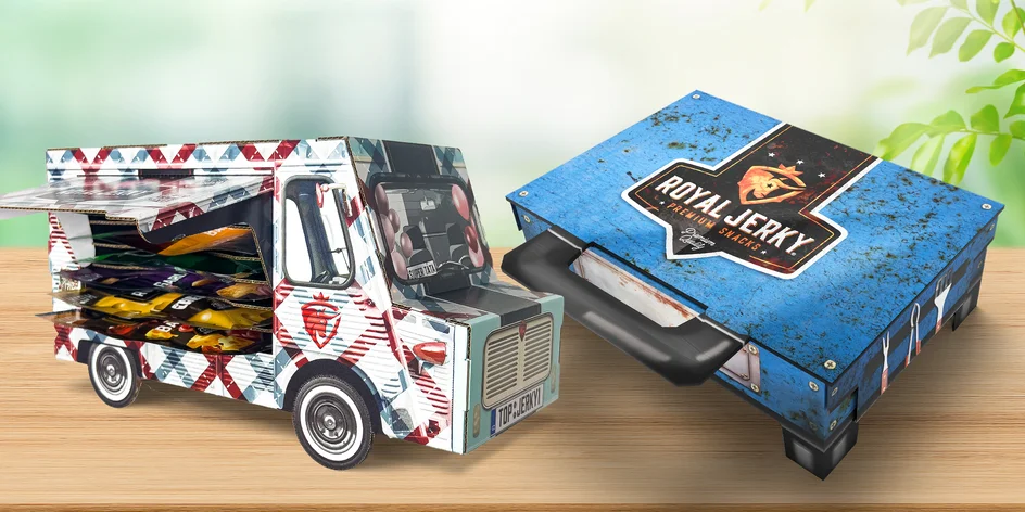 Kartonový food truck nebo gril plný Royal Jerky