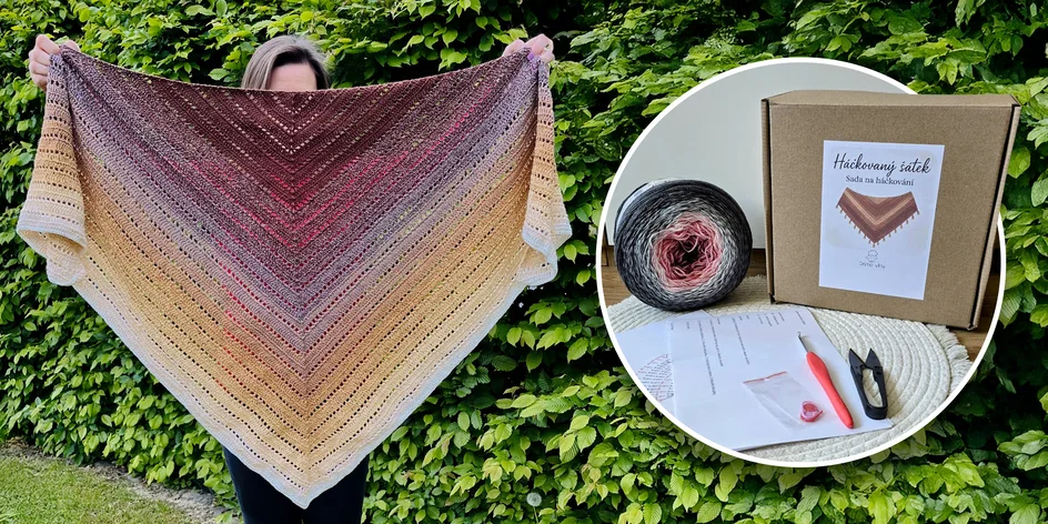 Set na výrobu háčkovaného šátku: příze, háček i návod