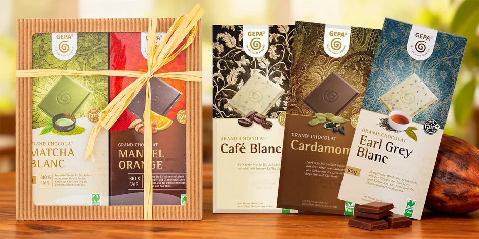 Fair trade bio čokolády s matchou i pomerančem