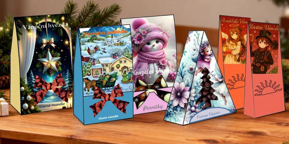 Vánoční dárkové krabičky s perníčky, mandlemi i čajem