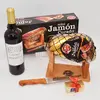 Balení šunky Jamón Curado (stojánek, nůž, pralinky, víno) | Balení: Originální
