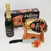 Balení šunky Jamón Curado (stojánek, nůž, pralinky, sekt) | Balení: Originální