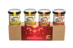 Balíček bujónek v dárkové červené krabičce: česnek s dýní, pečená paprika s chilli, zeleninová, zeleninová se sýrem