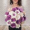 Fialová kytice 21 květin + flakon s vůní jako dárek | Motiv: Růžová stuha