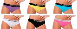 6x Dámské kalhotky Addicted Thongs - fialová, žlutá, černá, bílá, modrá, růžová | Velikost: XS