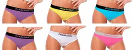 6x Dámské kalhotky Addicted Thongs - 2x fialová, 1x žlutá, 1x bílá, 1x modrá, 1x růžová | Velikost: L