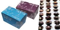 2x TRIO belgické čokolády (bílá + mléčná a více hořká) bleděmodrá + fialová krabička