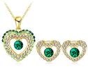 náhrdelník a náušnice ve tvaru srdce, zelený krystal, zirkony, pozlaceno